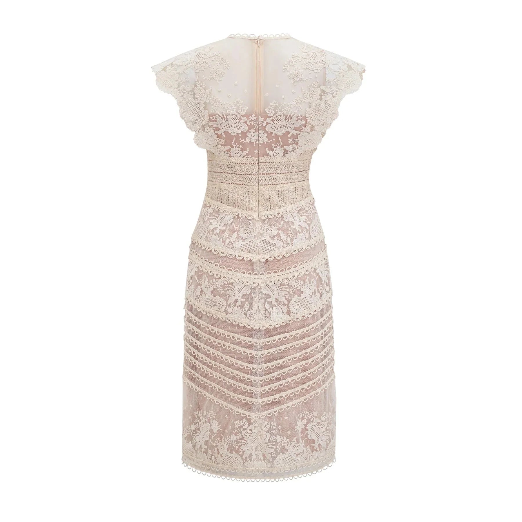Meghan Midi Dress Floral Lace Beaded Neutrals