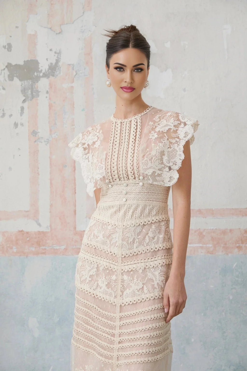 Meghan Midi Dress Floral Lace Beaded Neutrals