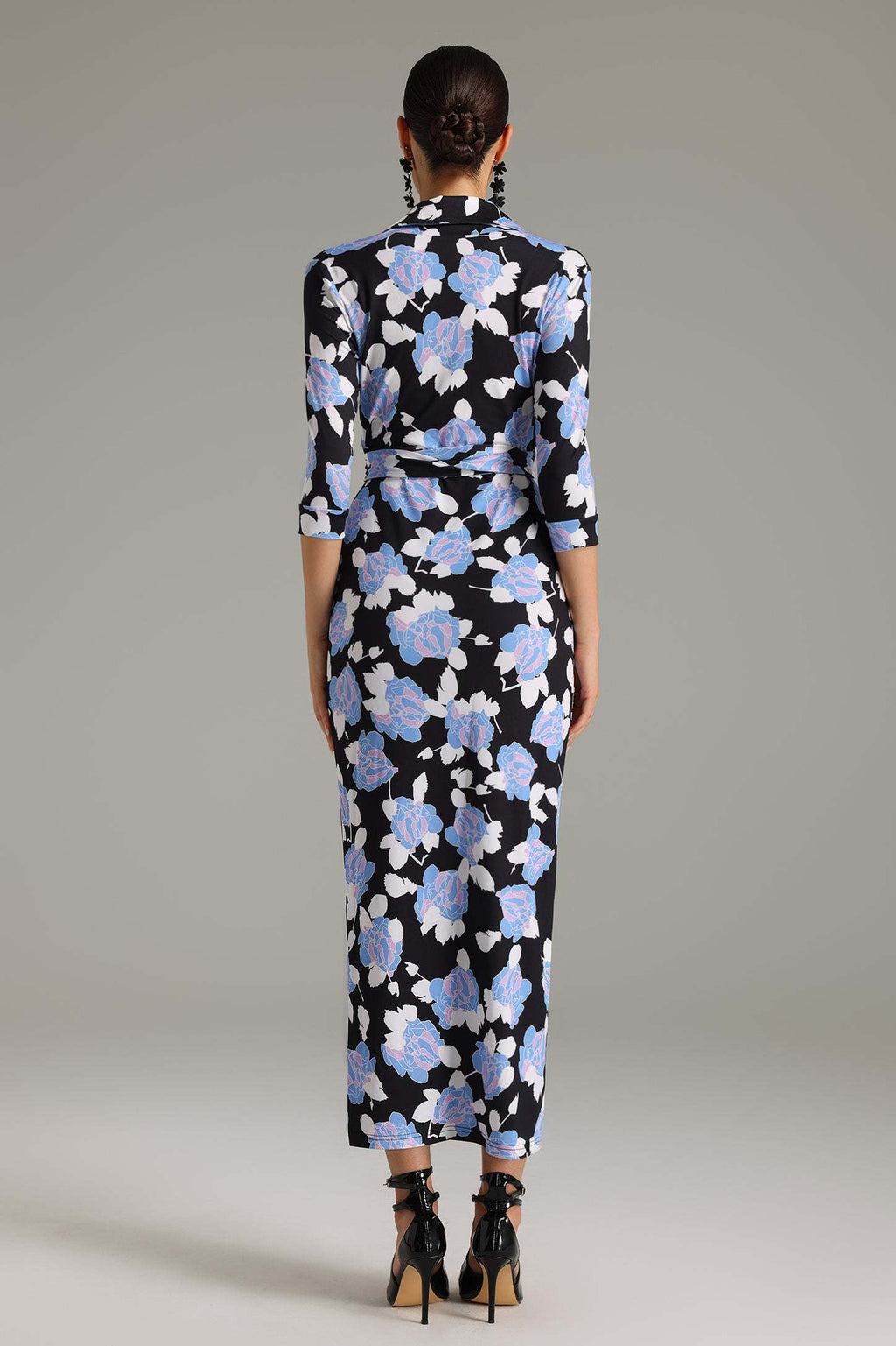 Melanie Black Floral Maxi Dress with Wrap Design and Three-Quarter Sleeves