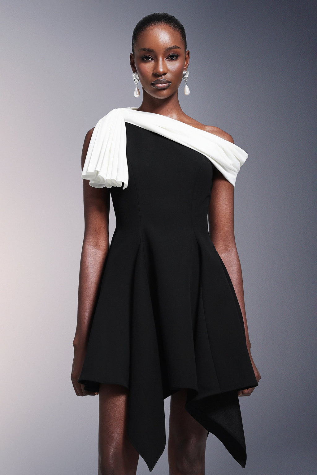 Melanie Black One Shoulder Asymmetrical Hem Dress