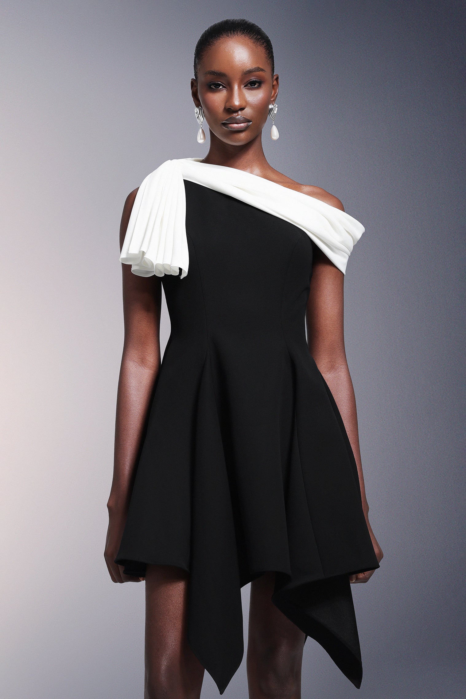 Melanie Black One Shoulder Asymmetrical Hem Dress