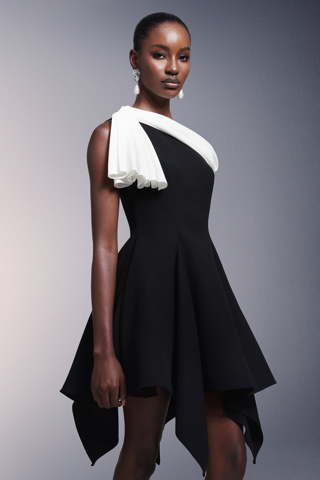 Melanie Black One Shoulder Asymmetrical Hem Dress