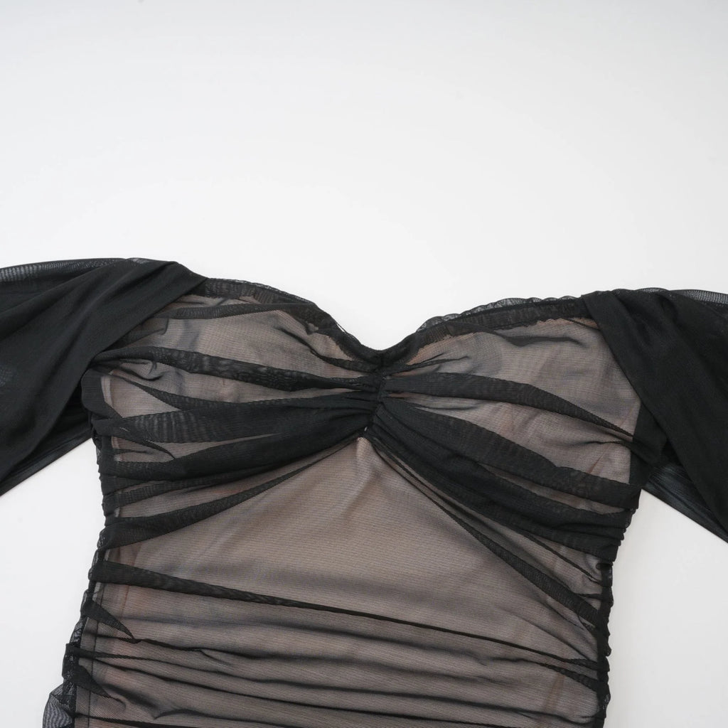 Melanie Dress Black Fishtail Mesh & Ruched Off - Shoulder Maxi