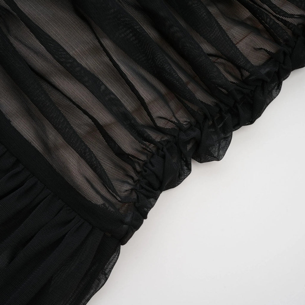 Melanie Dress Black Fishtail Mesh & Ruched Off - Shoulder Maxi