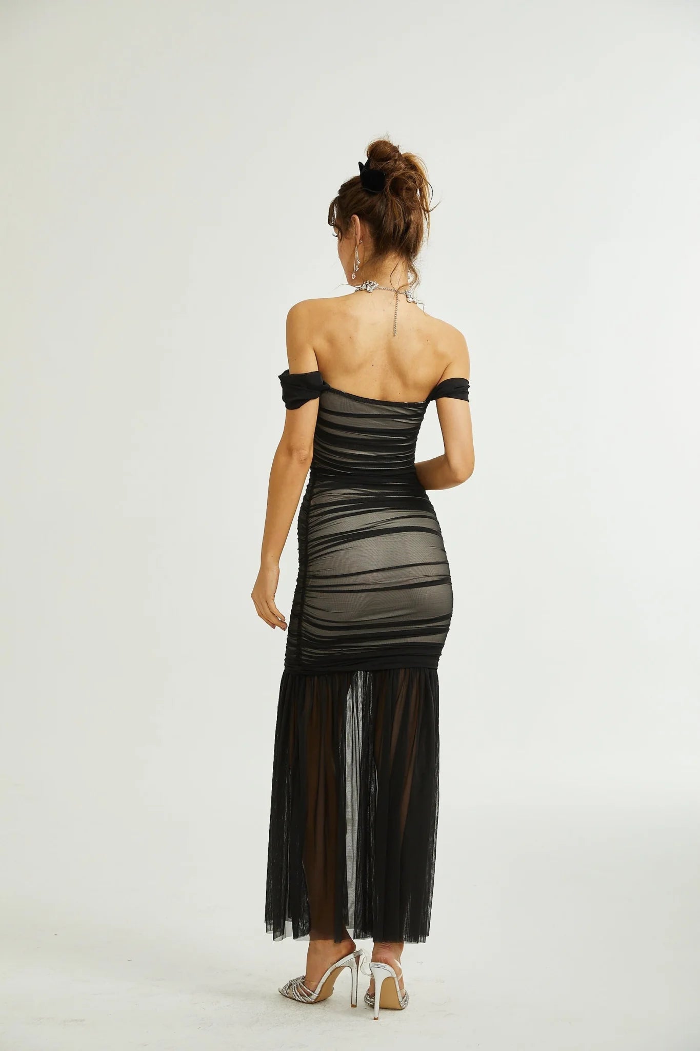 Melanie Dress Black Fishtail Mesh & Ruched Off - Shoulder Maxi