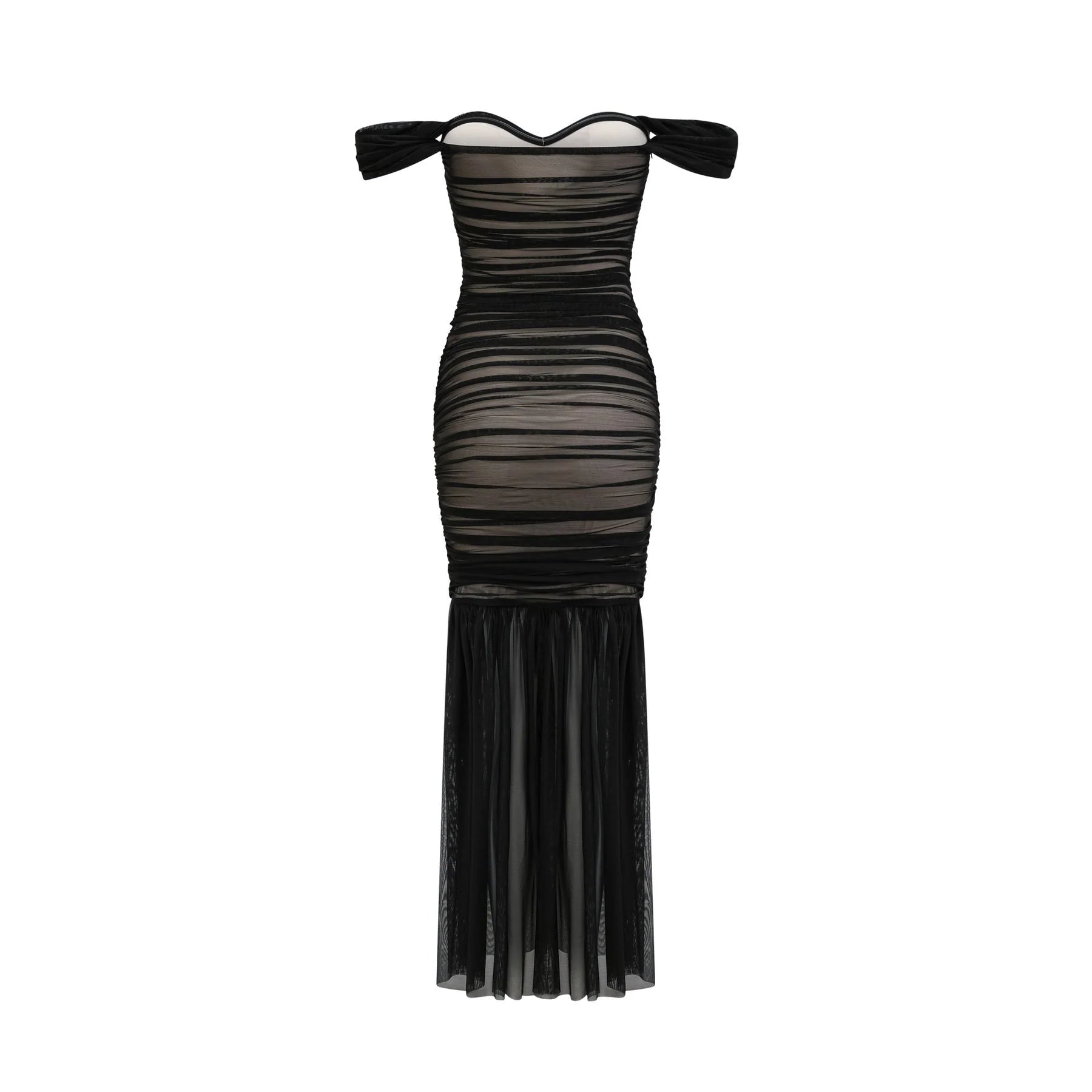 Melanie Dress Black Fishtail Mesh & Ruched Off - Shoulder Maxi