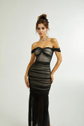 Melanie Dress Black Fishtail Mesh & Ruched Off - Shoulder Maxi