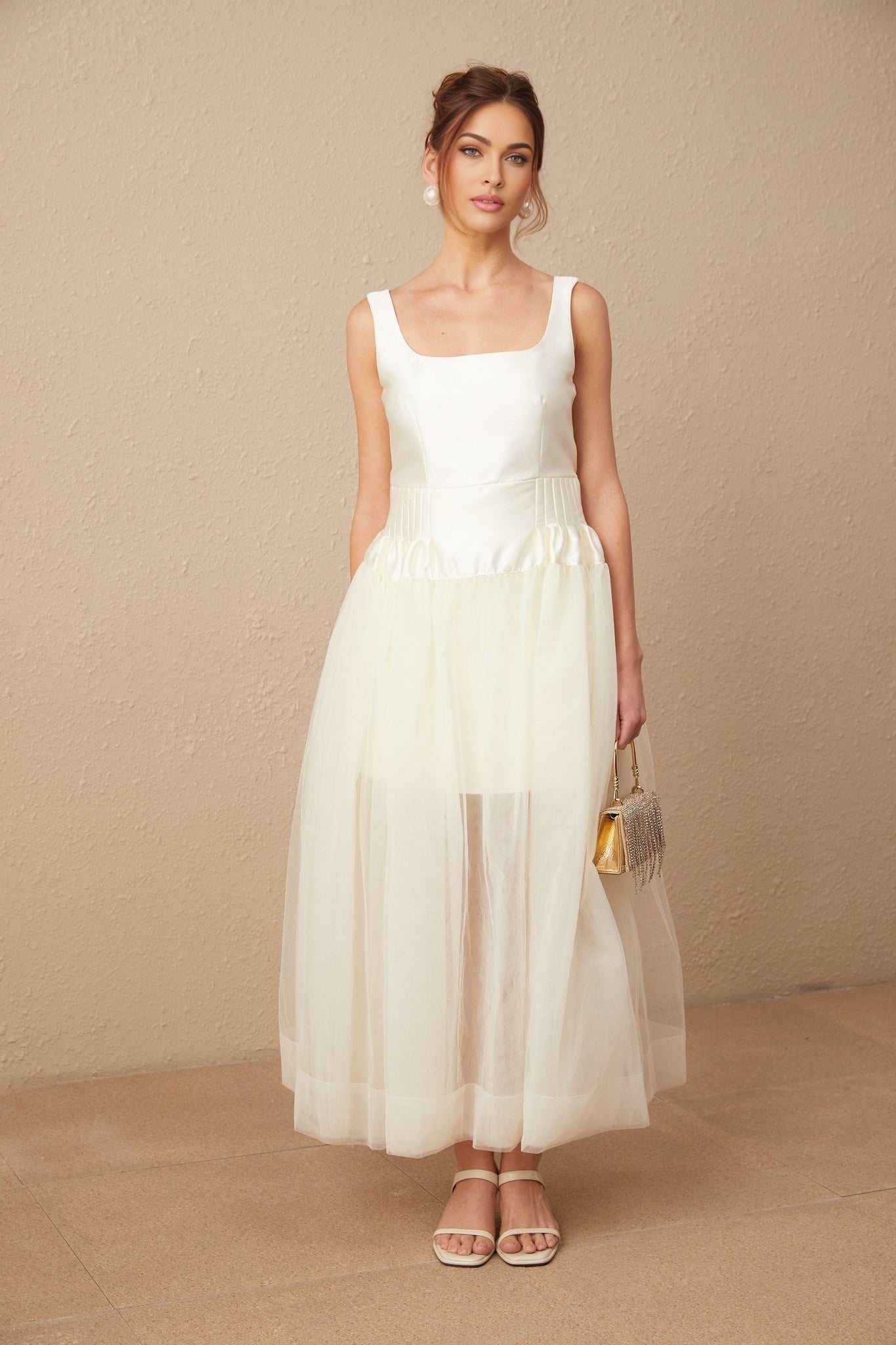Melanie Maxi Dress - Satin Finish with Square Neck - Tulle Panels & Wide Straps