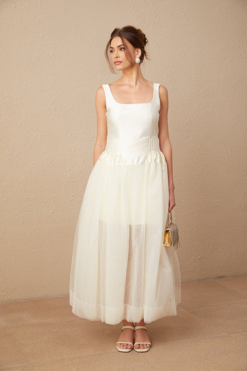 Melanie Maxi Dress - Satin Finish with Square Neck - Tulle Panels & Wide Straps
