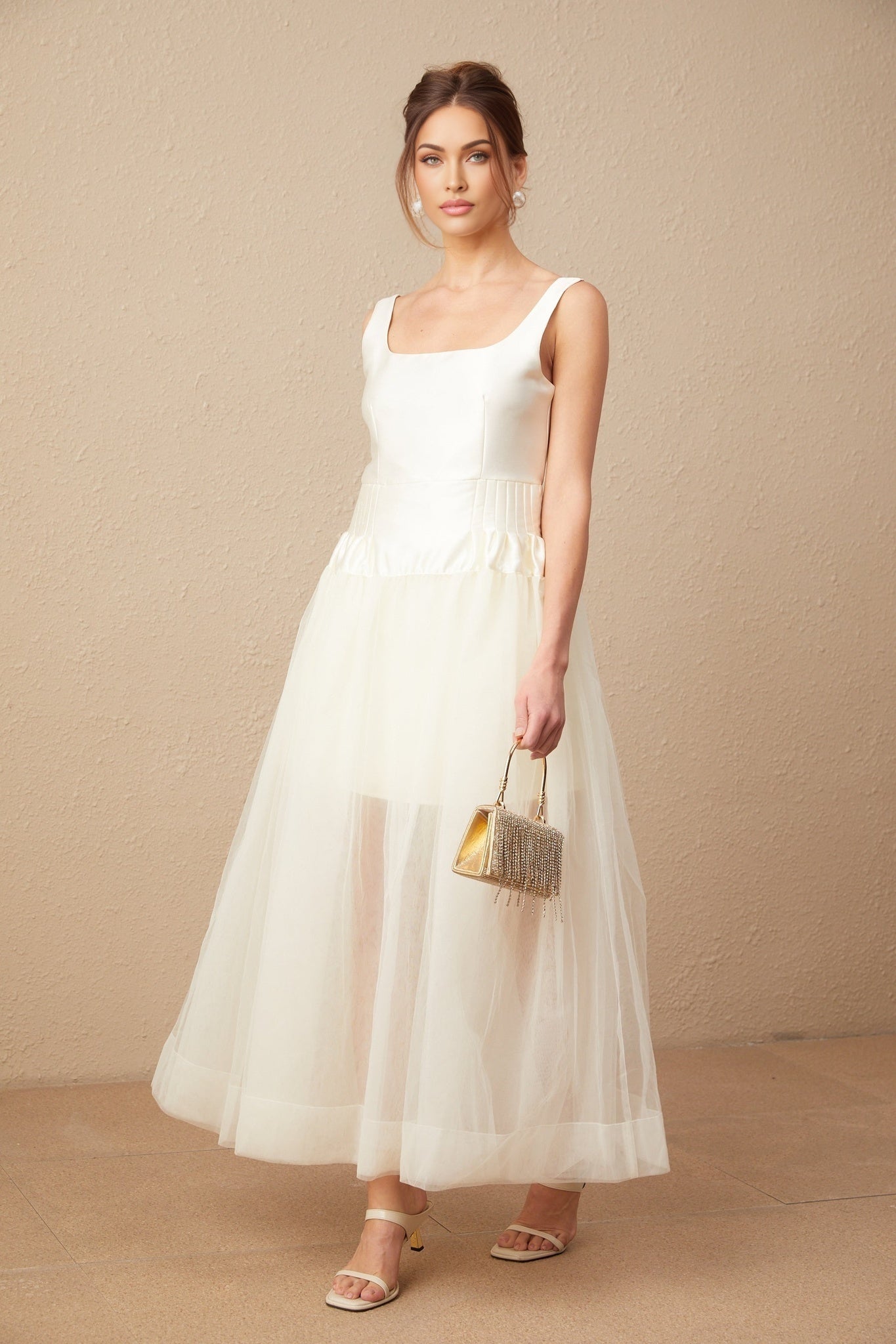 Melanie Maxi Dress - Satin Finish with Square Neck - Tulle Panels & Wide Straps