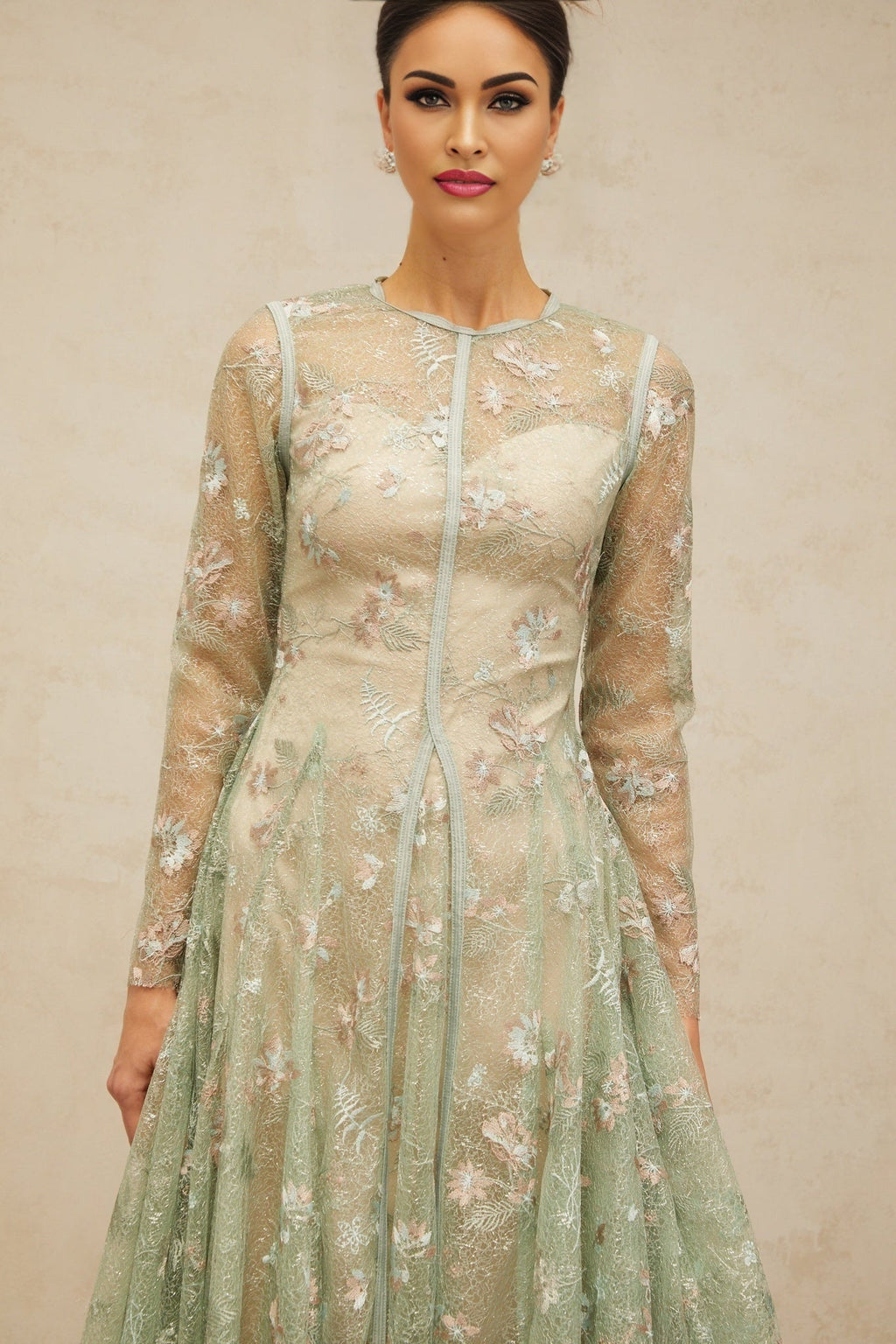 Melanie Midi Dress Green Floral Embroidery Godet Pleats