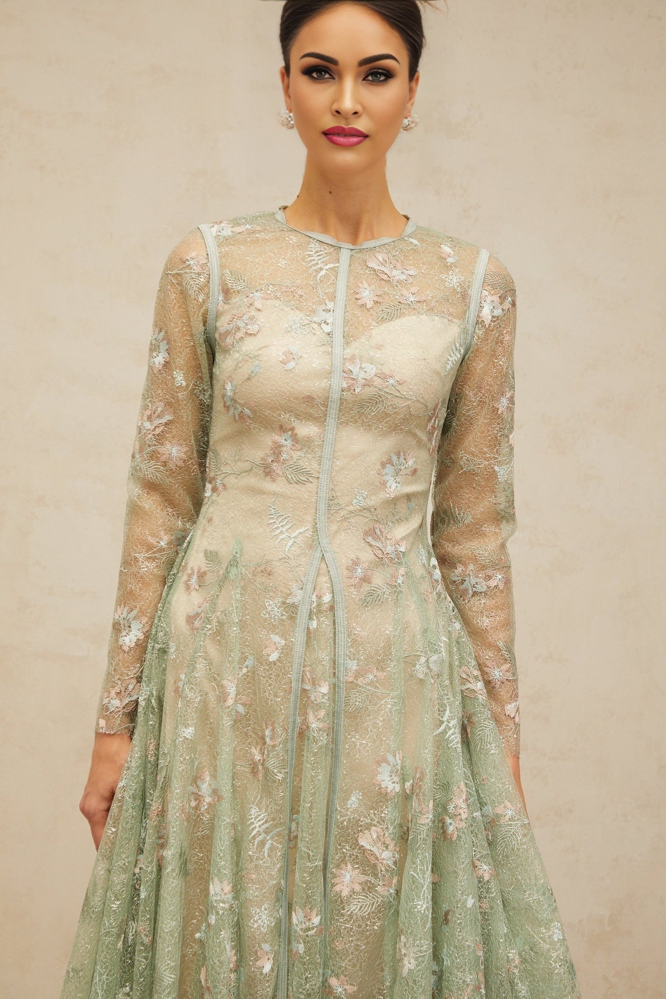 Melanie Midi Dress Green Floral Embroidery Godet Pleats