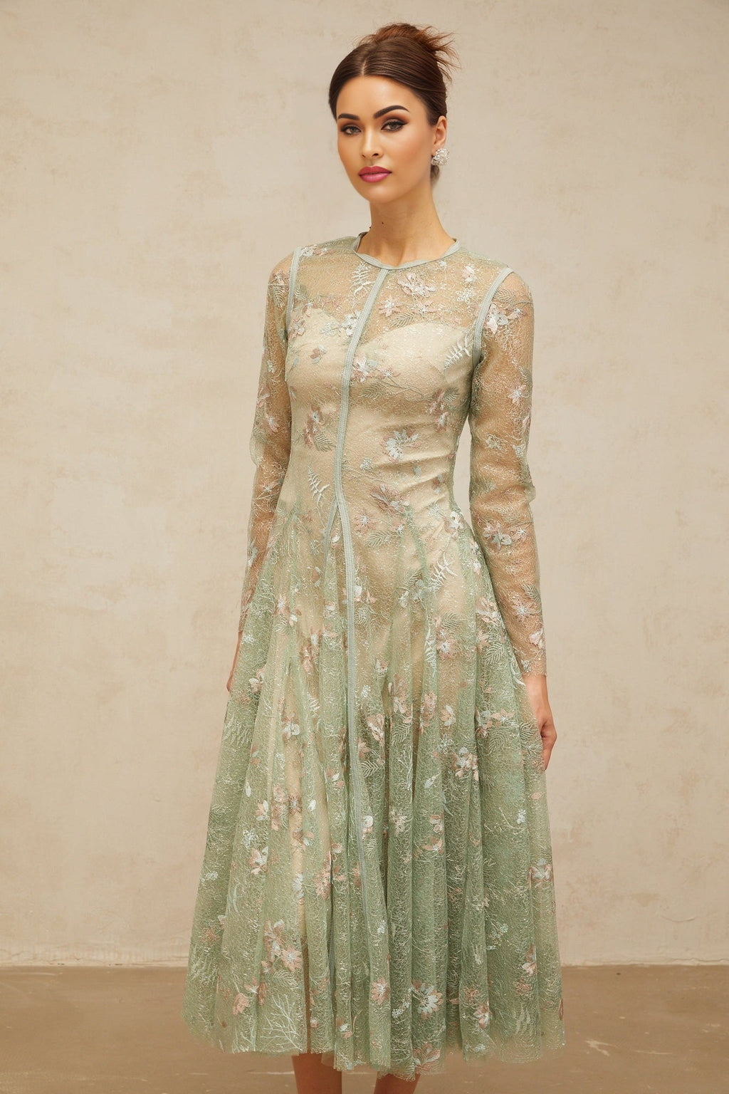 Melanie Midi Dress Green Floral Embroidery Godet Pleats