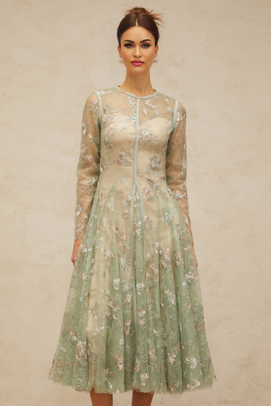 Melanie Midi Dress Green Floral Embroidery Godet Pleats