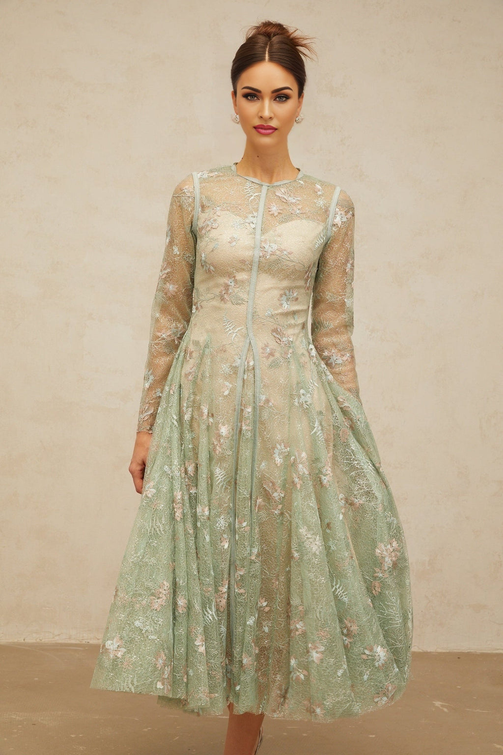 Melanie Midi Dress Green Floral Embroidery Godet Pleats