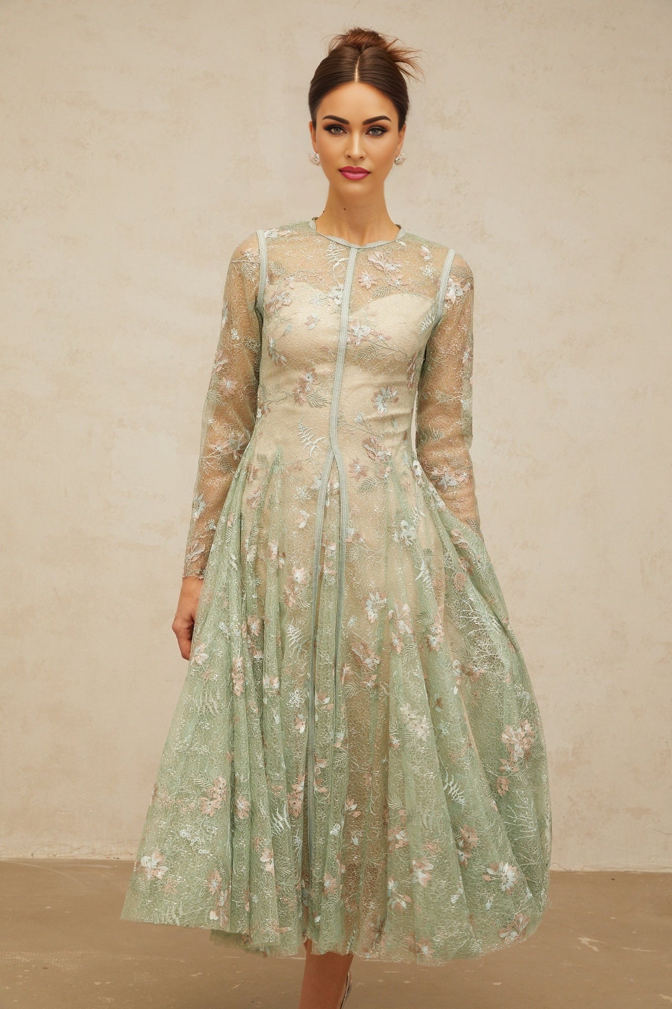 Melanie Midi Dress Green Floral Embroidery Godet Pleats