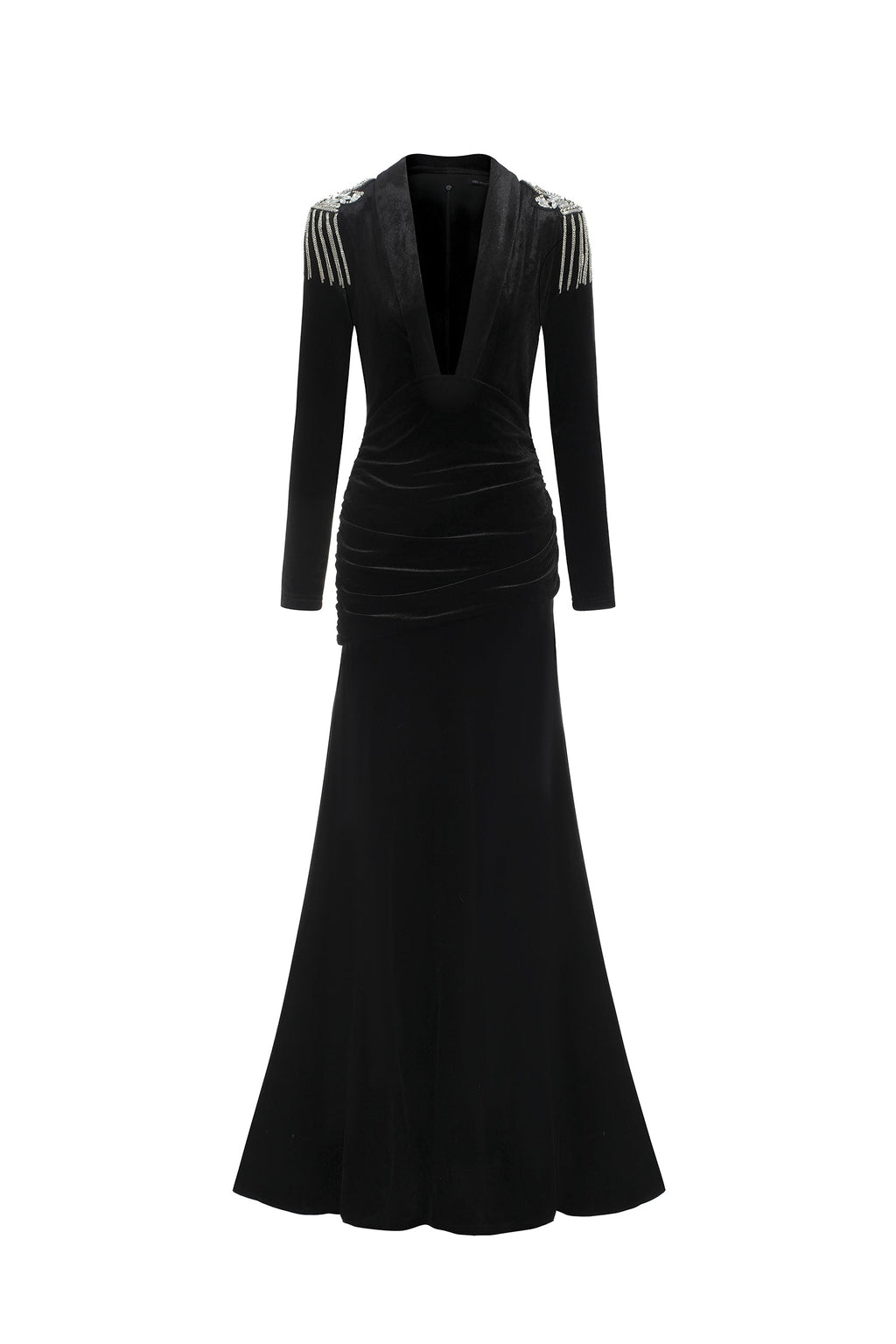 Melissa Black Velvet Deep V Neckline High Slit Ruched Waist Embellished Shoulder Dress