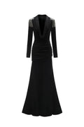 Melissa Black Velvet Deep V Neckline High Slit Ruched Waist Embellished Shoulder Dress