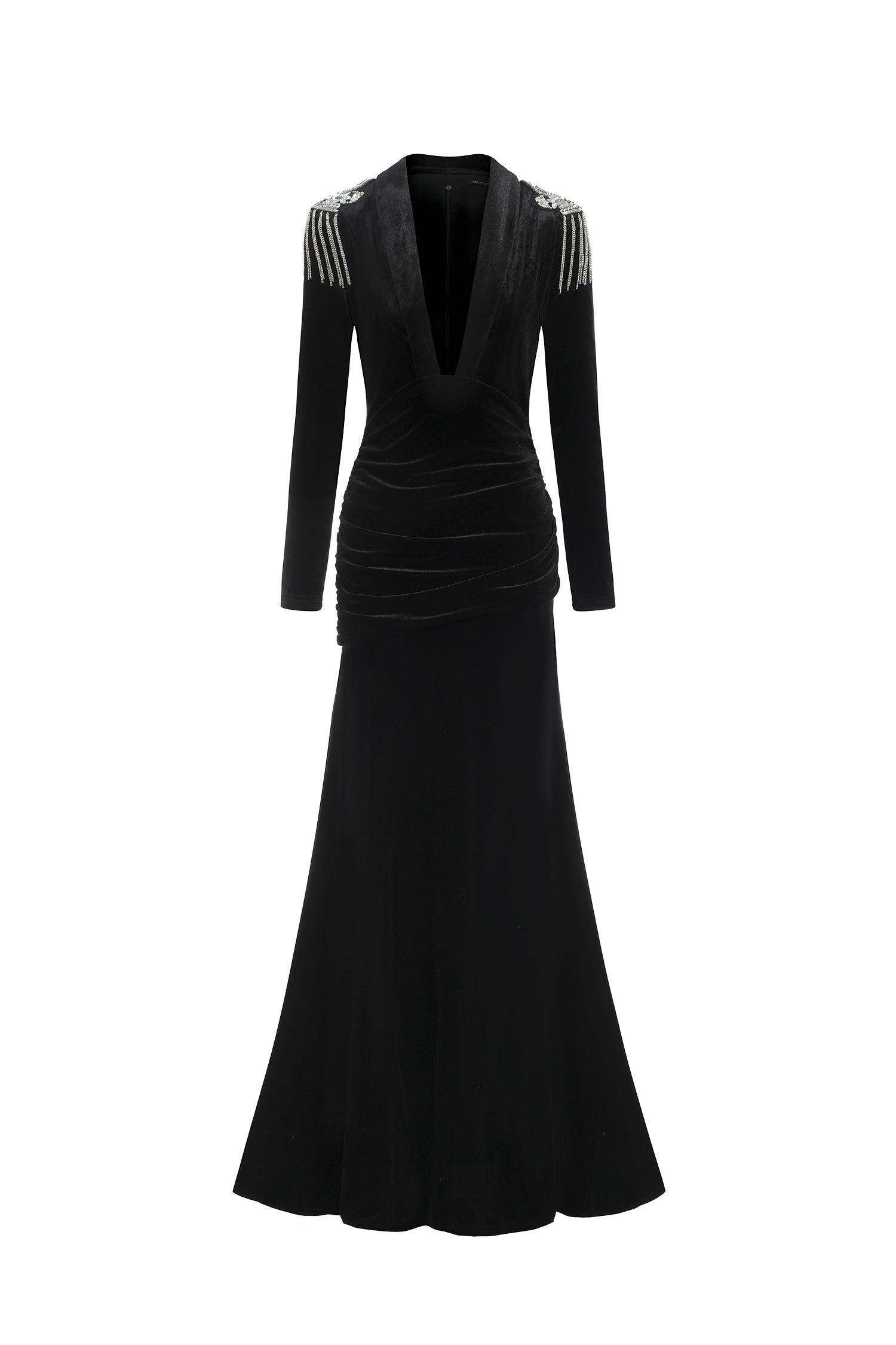 Melissa Black Velvet Deep V Neckline High Slit Ruched Waist Embellished Shoulder Dress