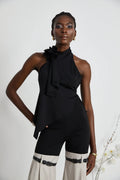 Melissa Floral Top Backless Halterneck Asymmetric Hem