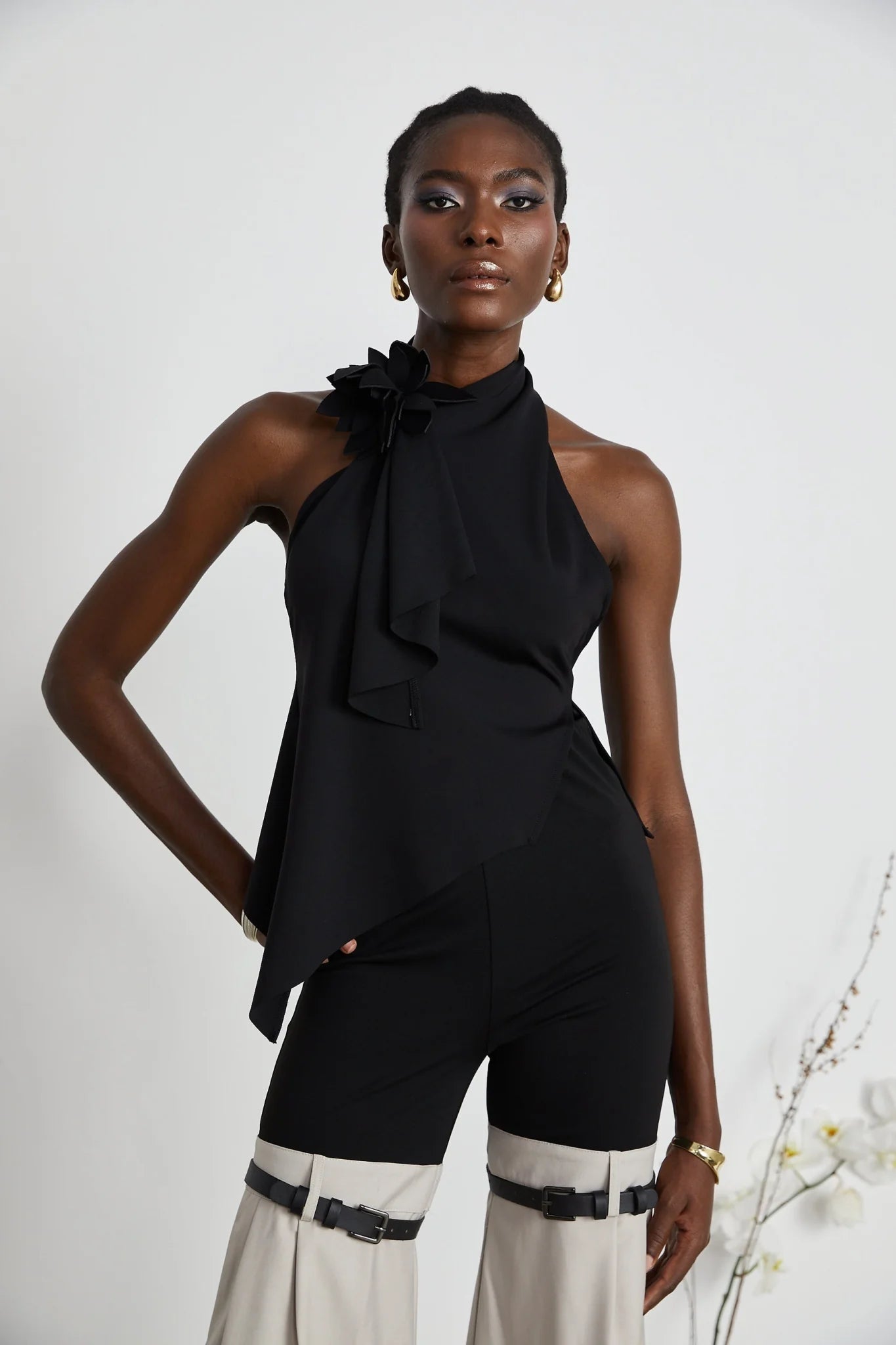 Melissa Floral Top Backless Halterneck Asymmetric Hem