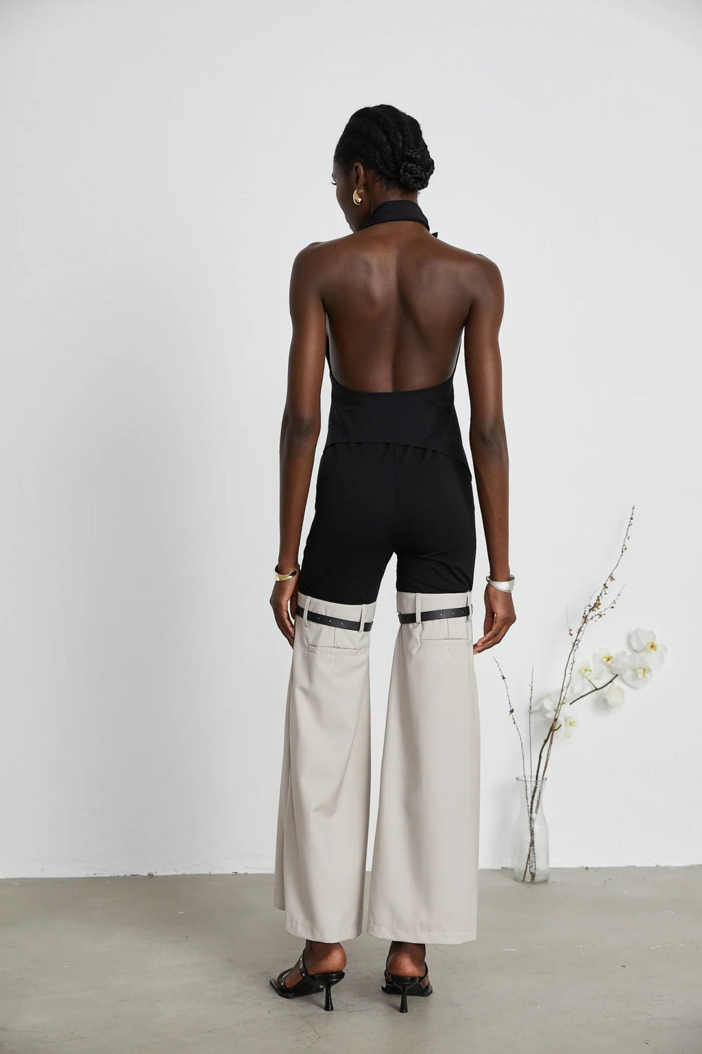 Melissa Floral Top Backless Halterneck Asymmetric Hem