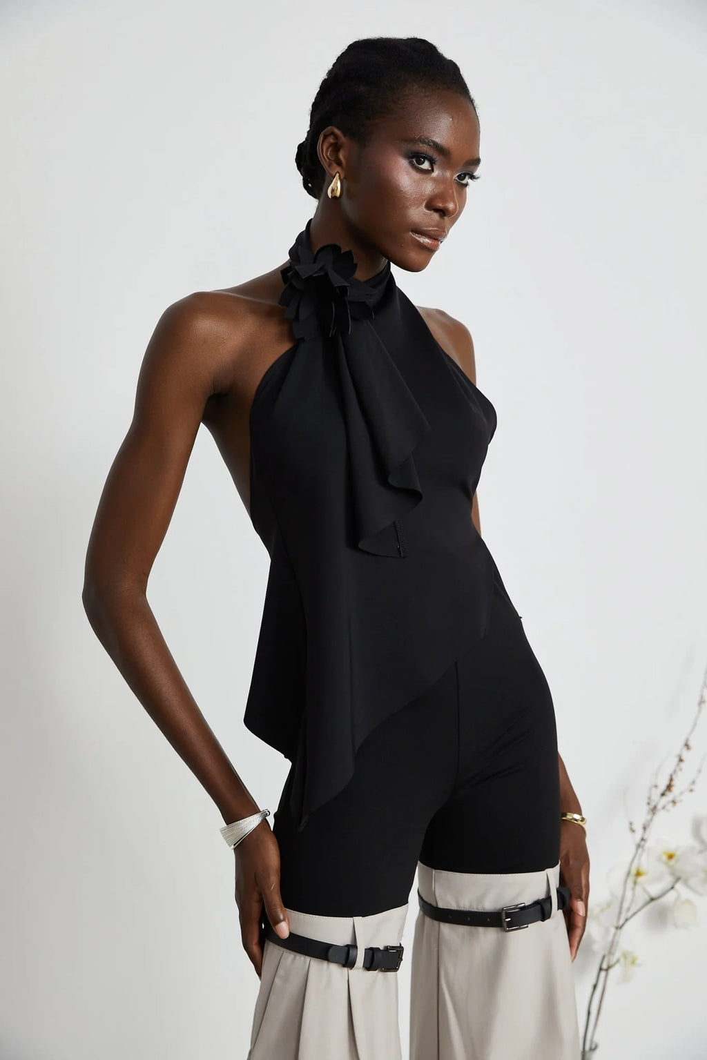 Melissa Floral Top Backless Halterneck Asymmetric Hem