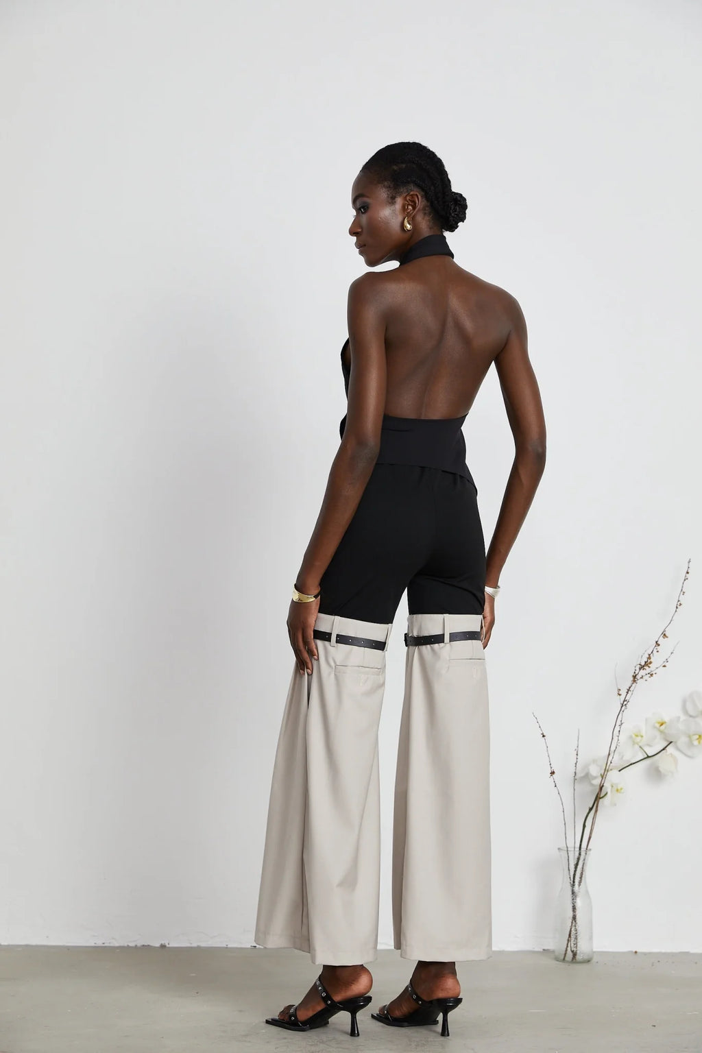 Melissa Floral Top Backless Halterneck Asymmetric Hem