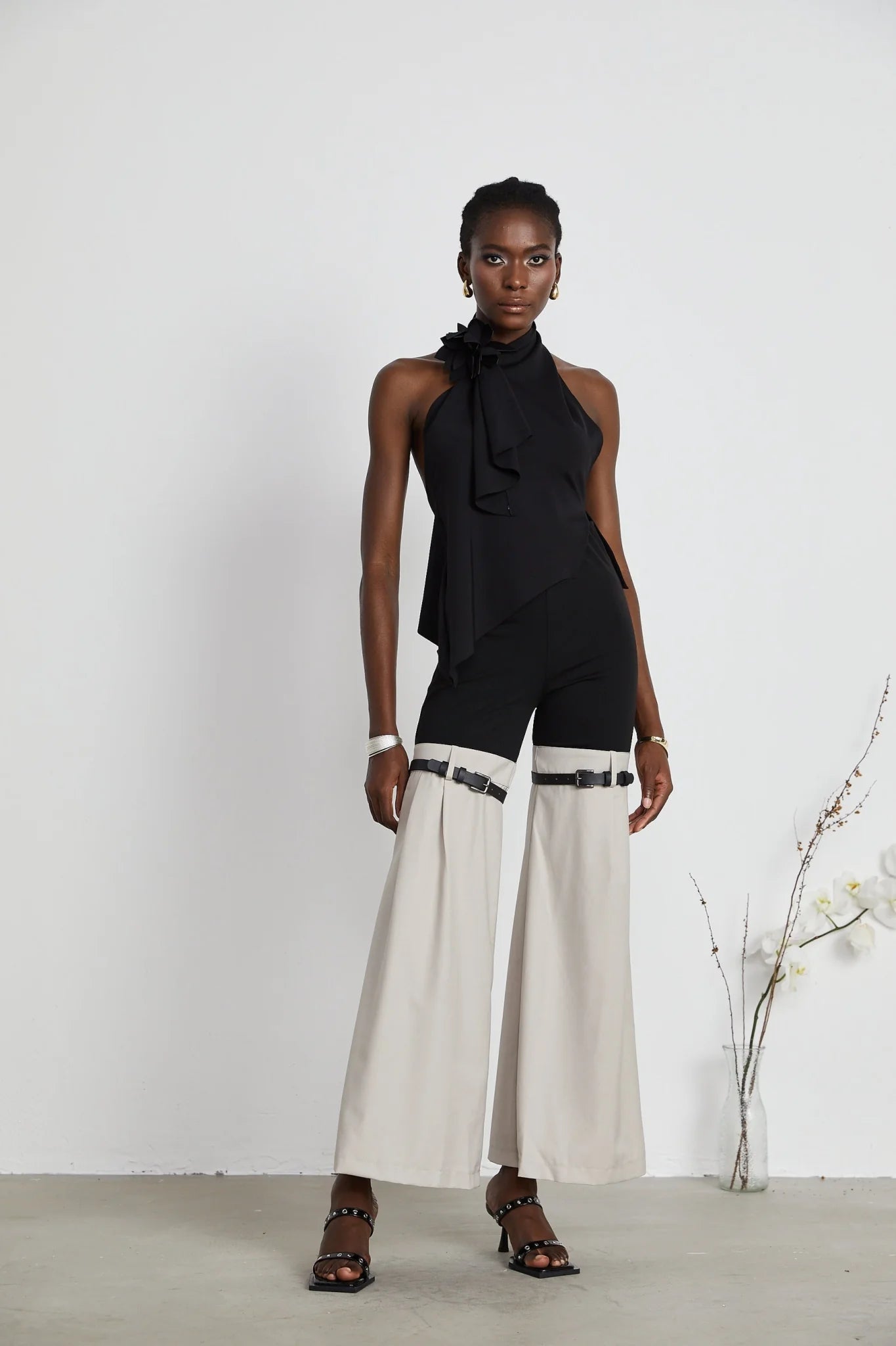Melissa Floral Top Backless Halterneck Asymmetric Hem