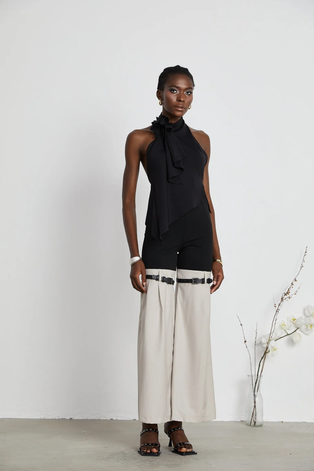 Melissa Floral Top Backless Halterneck Asymmetric Hem