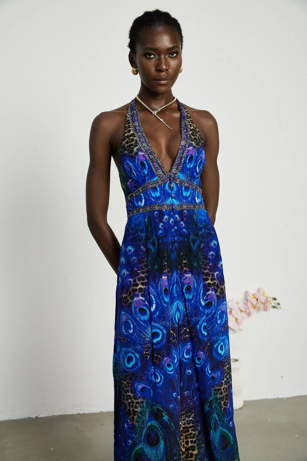 Melissa Jumpsuit Halterneck Crystal Embellished Blue & Multicolor