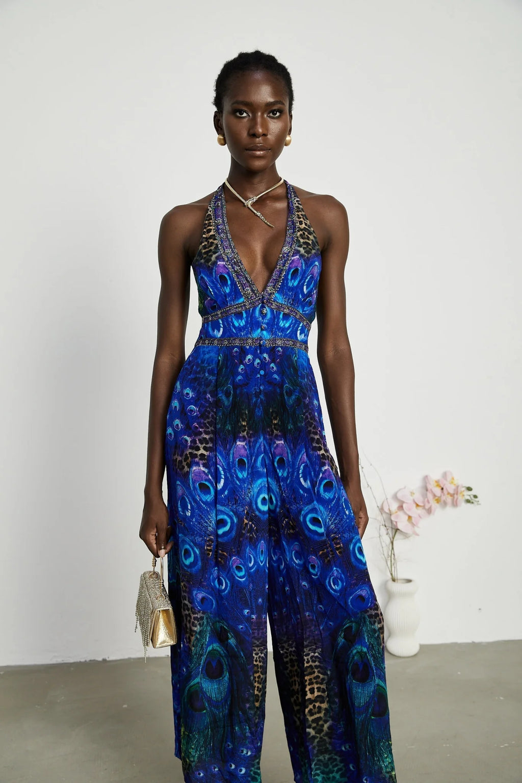Melissa Jumpsuit Halterneck Crystal Embellished Blue & Multicolor