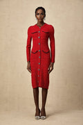Melissa Midi Dress - Long - Sleeved Embellished Red Knit with Front Pockets