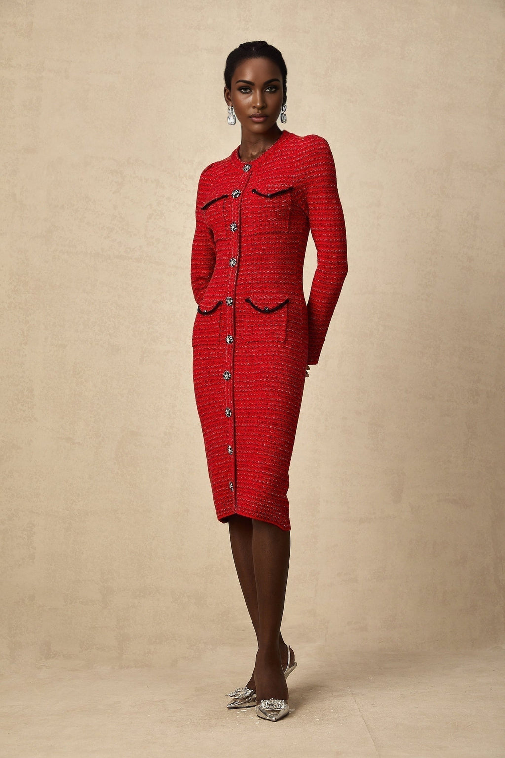 Melissa Midi Dress - Long - Sleeved Embellished Red Knit with Front Pockets