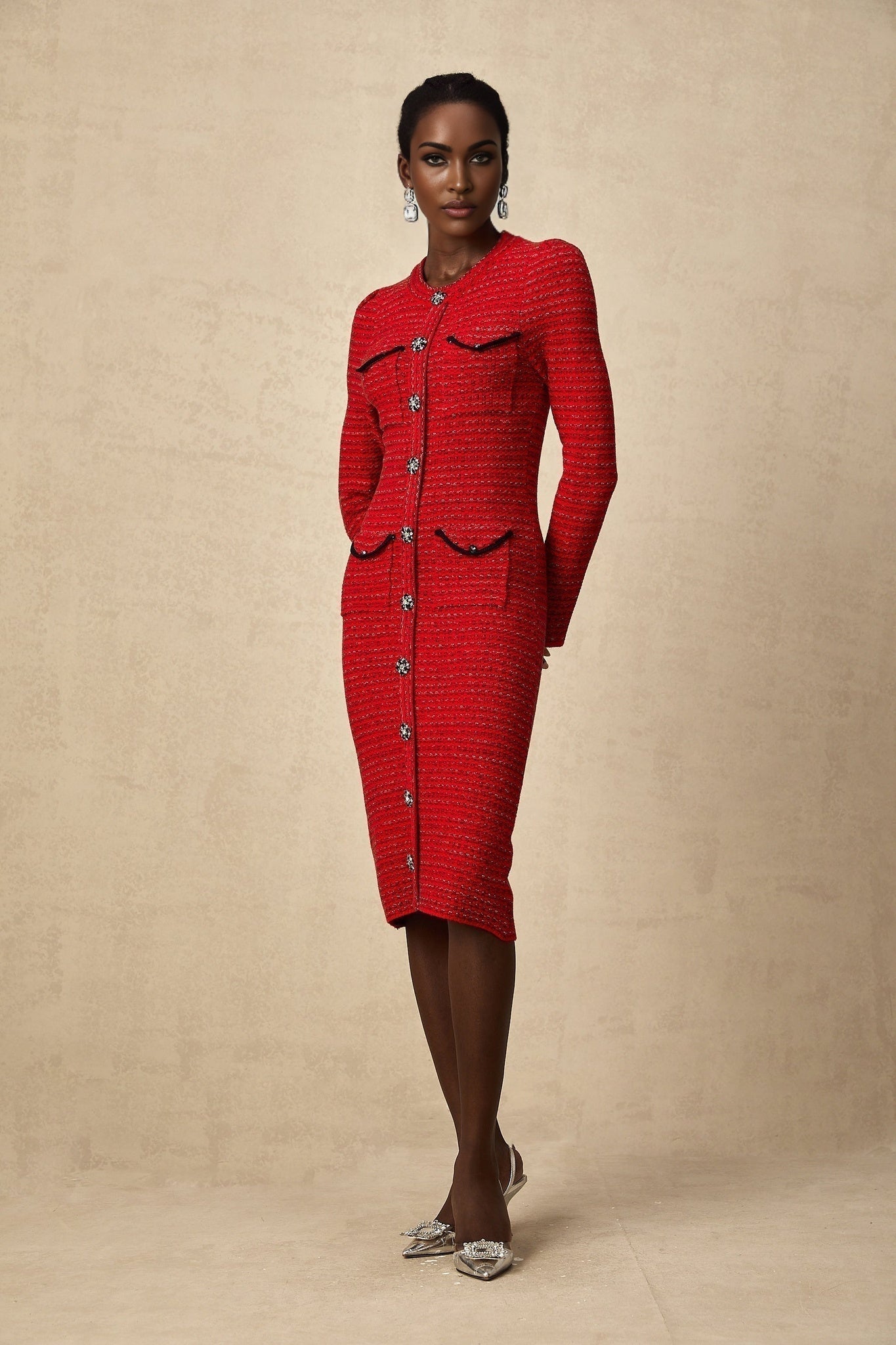 Melissa Midi Dress - Long - Sleeved Embellished Red Knit with Front Pockets