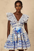 Melissa Mini Dress Blue Baroque Tiered Ruffle Open Back Smocked & Tie Detail
