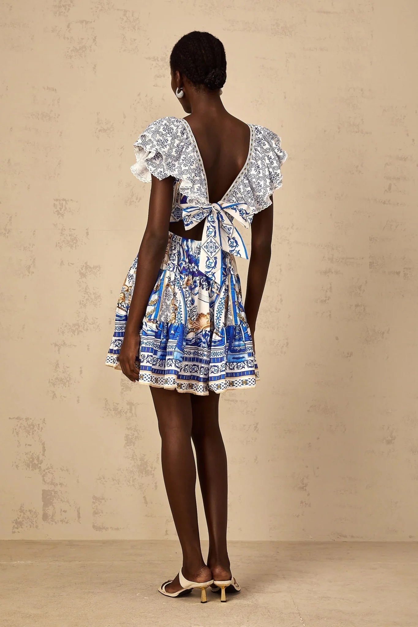 Melissa Mini Dress Blue Baroque Tiered Ruffle Open Back Smocked & Tie Detail