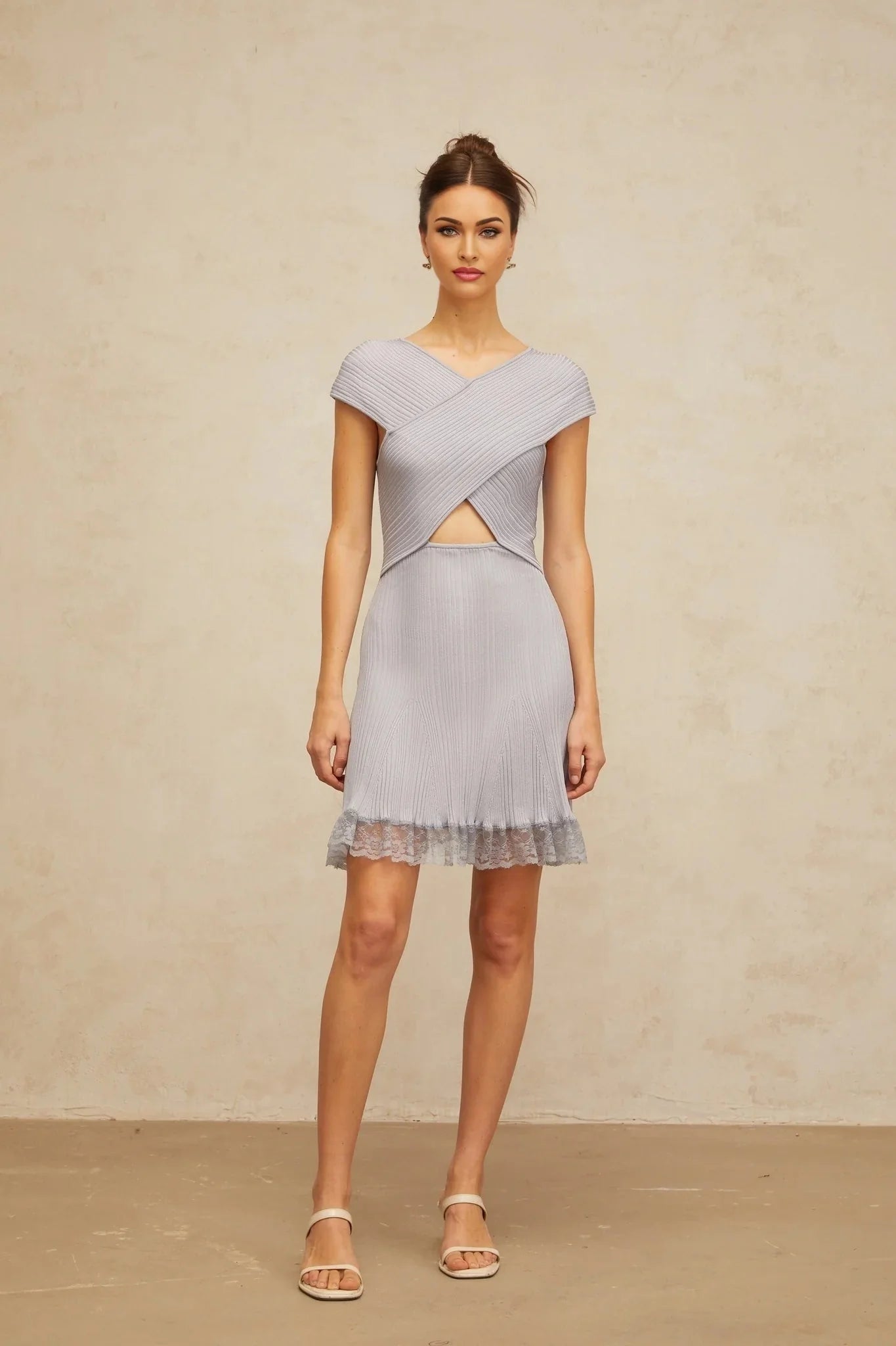 Melissa Mini Dress Light - Purple Lace Trim Cross - Over Flared Hem