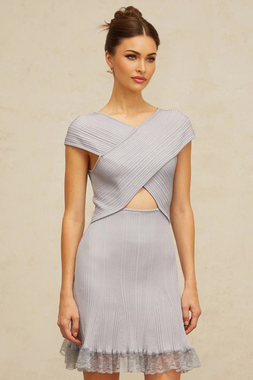 Melissa Mini Dress Light - Purple Lace Trim Cross - Over Flared Hem