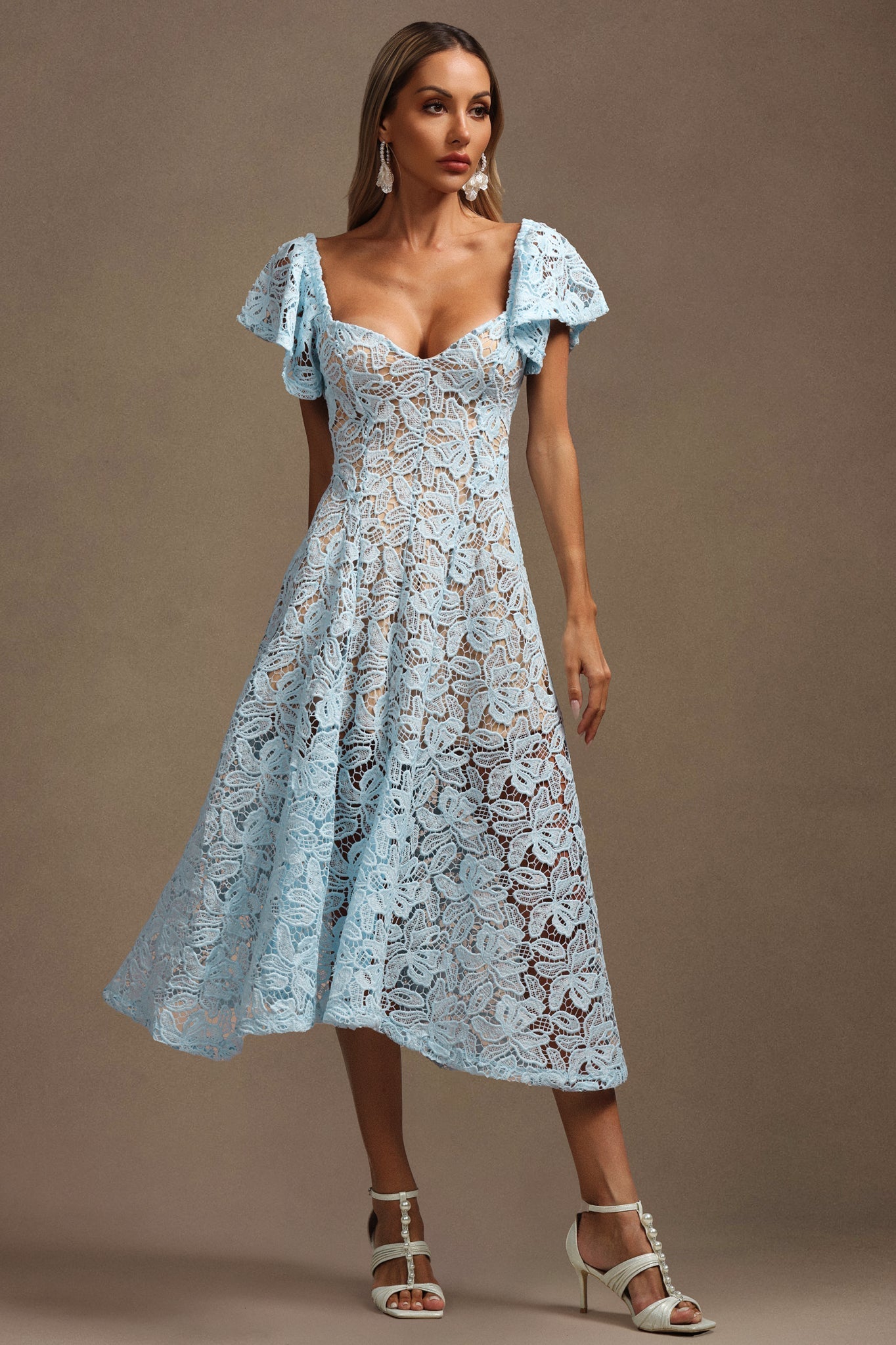Melody Blue Lace Flutter Sleeve Midi Dress