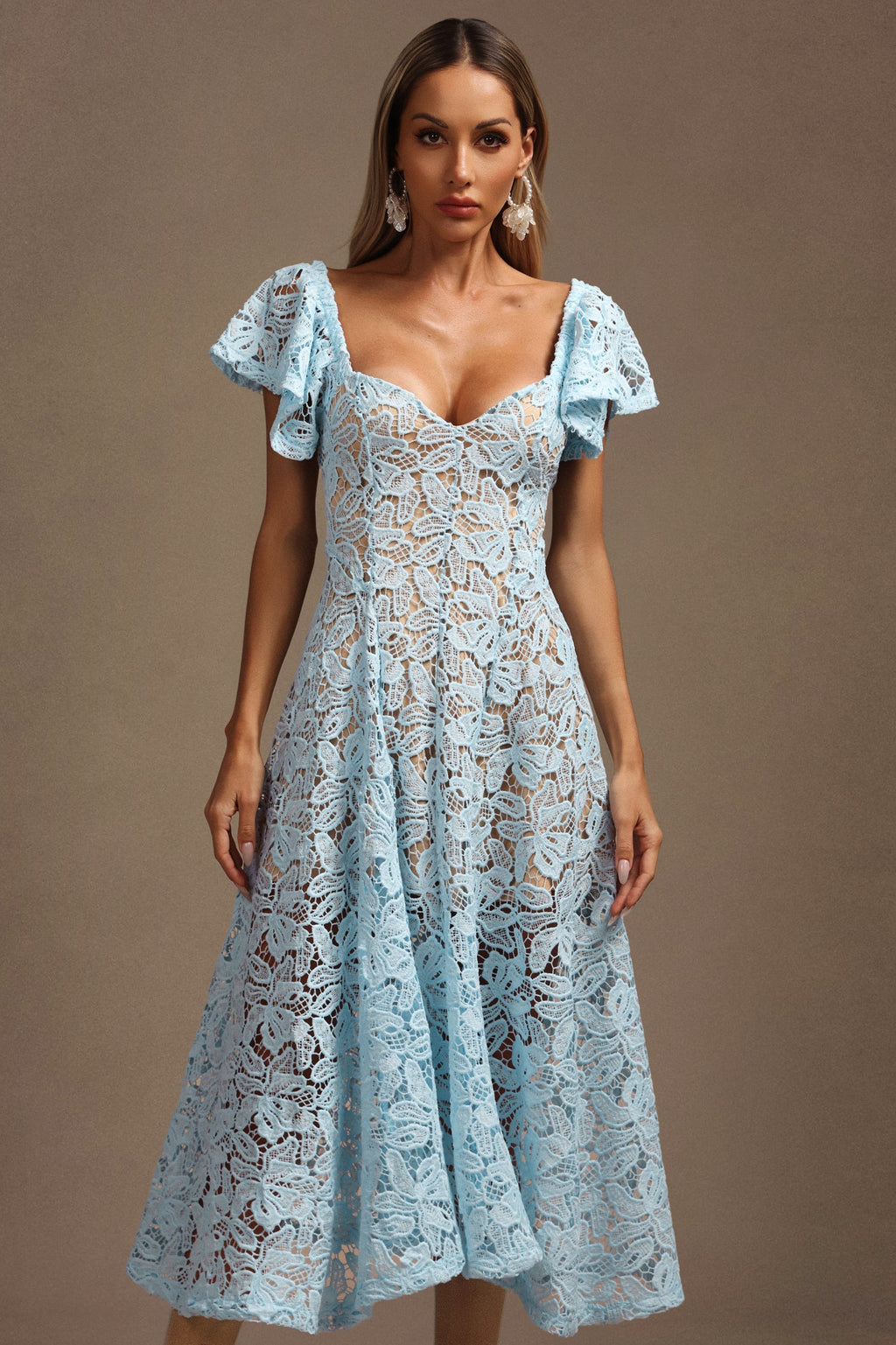 Melody Blue Lace Flutter Sleeve Midi Dress