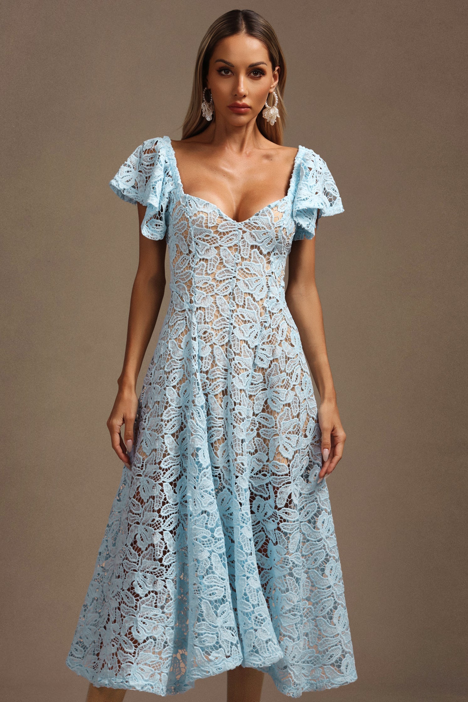 Melody Blue Lace Flutter Sleeve Midi Dress