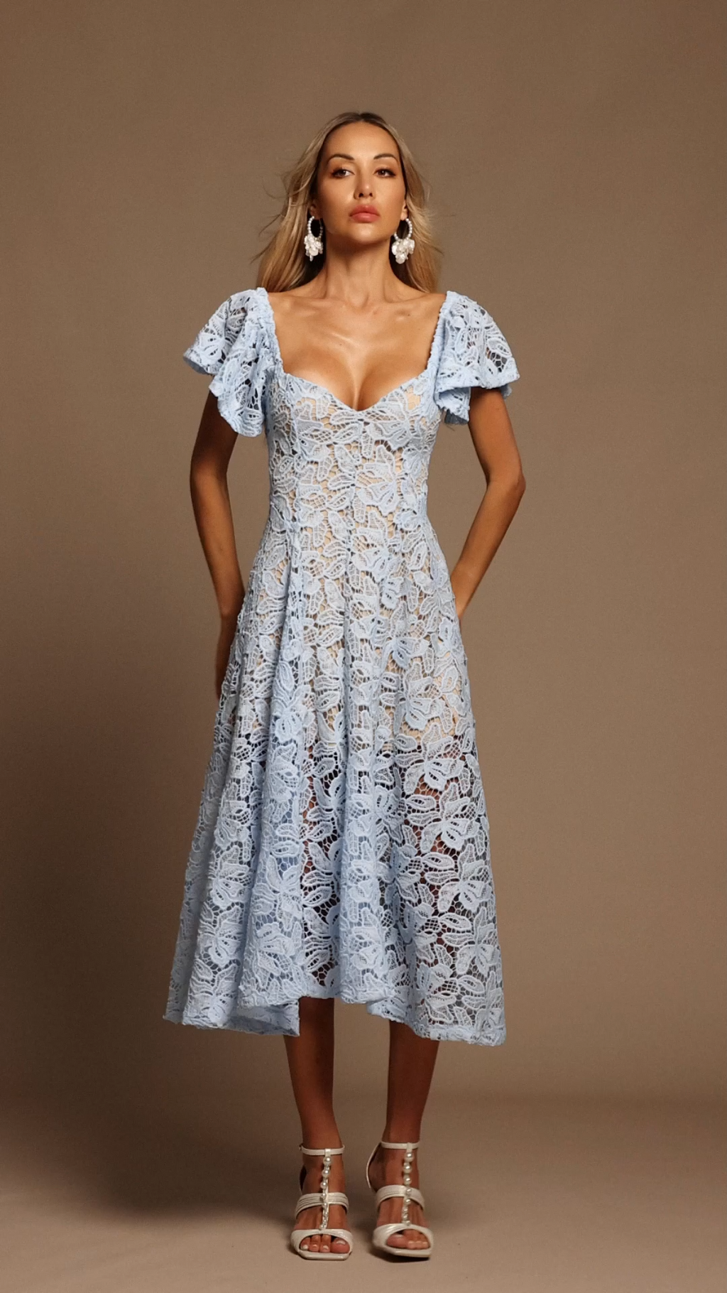 Melody Blue Lace Flutter Sleeve Midi Dress for Women