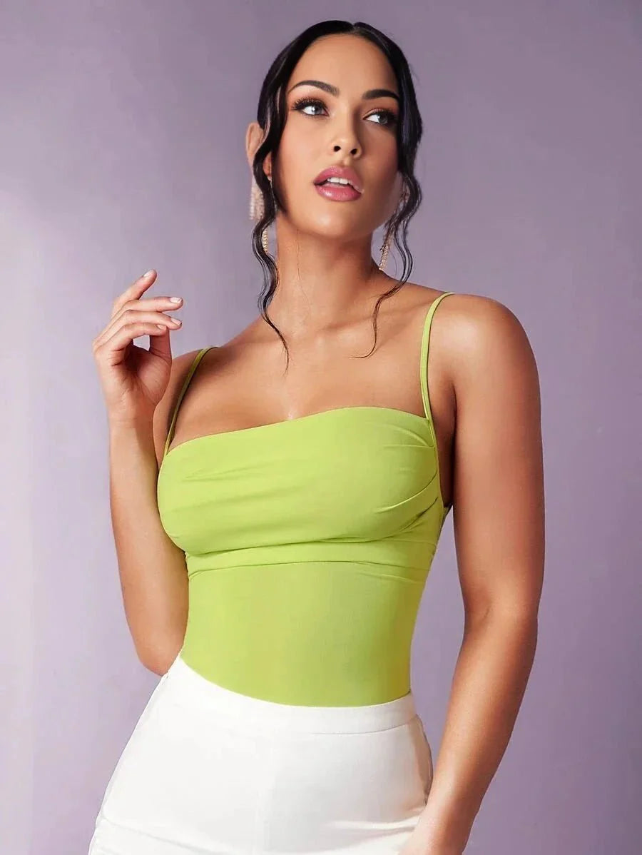 Meredith Bodysuit - High Stretch Fabric Elasticity - Slim Fit - Sleeveless Length - Backless, Lace Up - Cami Style - Neckline Spaghetti Strap