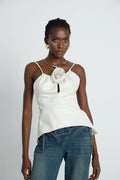 Meredith Floral Top White Leather Feel Applique & Zip
