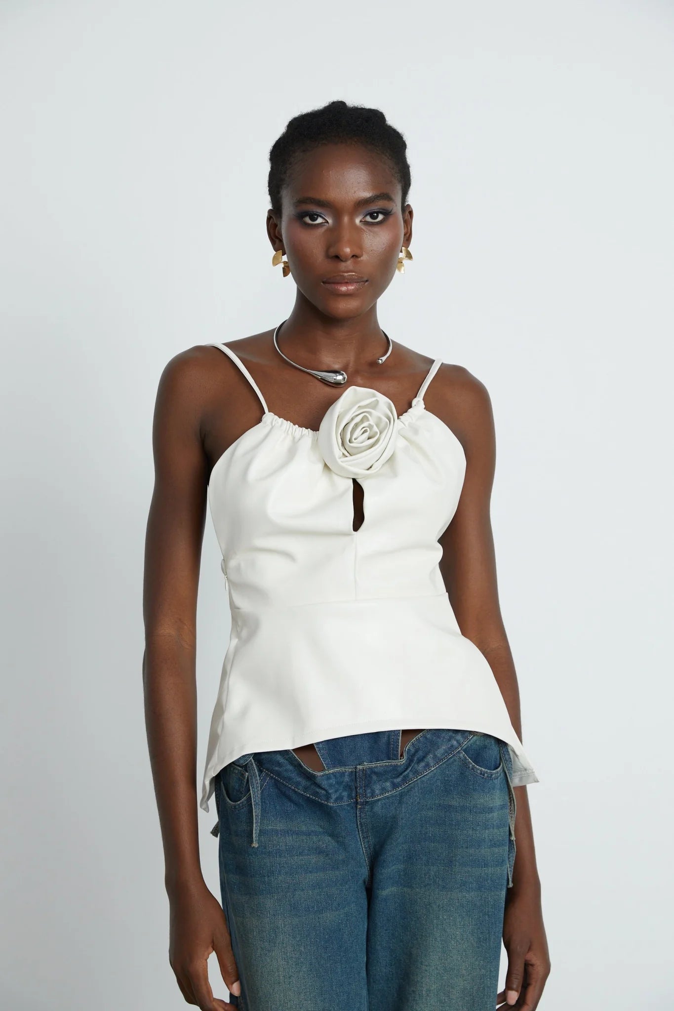 Meredith Floral Top White Leather Feel Applique & Zip