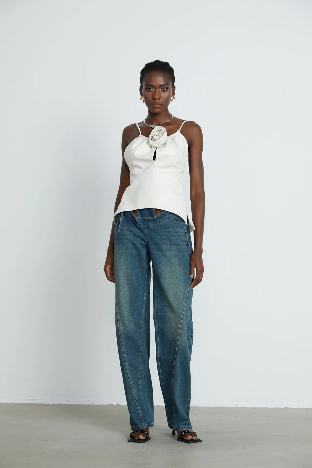 Meredith Floral Top White Leather Feel Applique & Zip