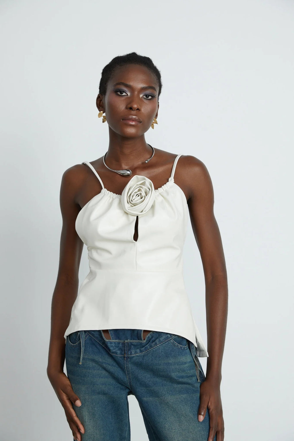 Meredith Floral Top White Leather Feel Applique & Zip