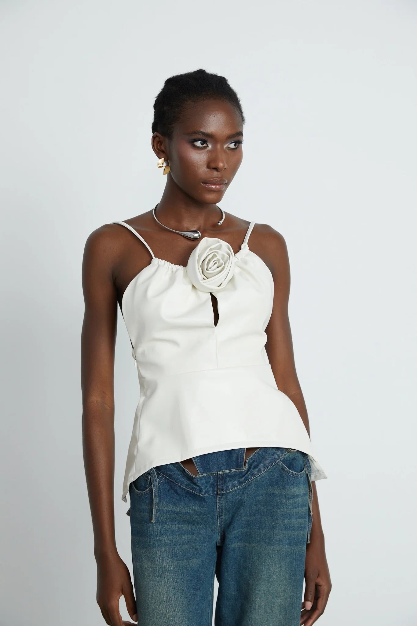 Meredith Floral Top White Leather Feel Applique & Zip
