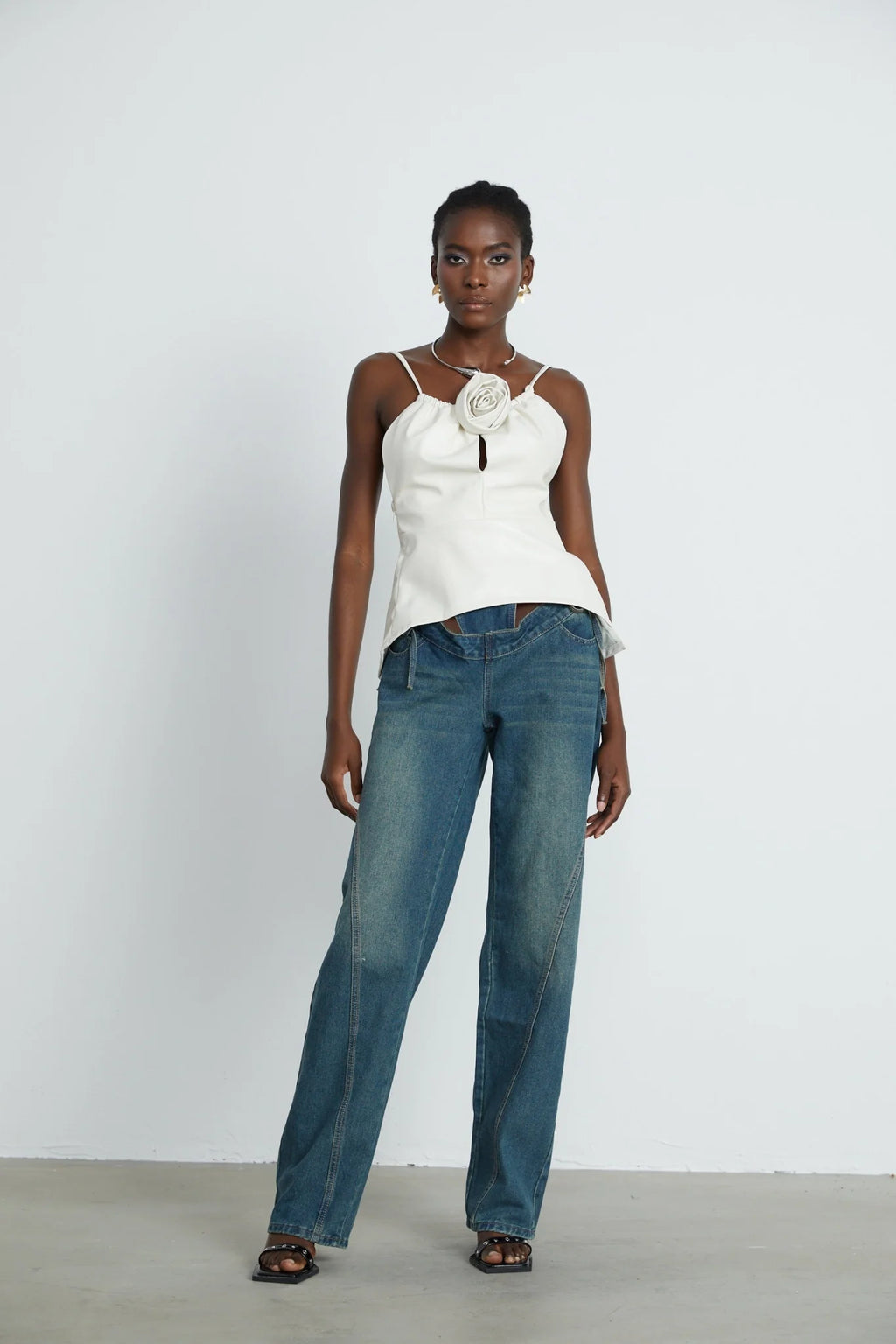 Meredith Floral Top White Leather Feel Applique & Zip